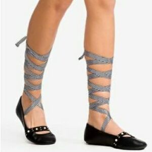 NEW! QUPID BUFFALO PLAID LACE UP PEARL ENCRUSTED BALLET FLATS ANKLE STRAP SIZE 6